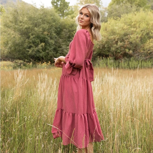 NWT Jovi Lynn Smocked Midi Dress with Pockets - Deep Pink Berry - Picture 3 of 8